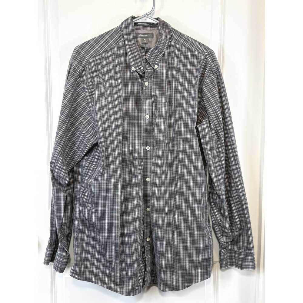 Eddie Bauer Mens Large Grey Plaid Wrinkle Free Relaxed Fit Button Down Shirt L